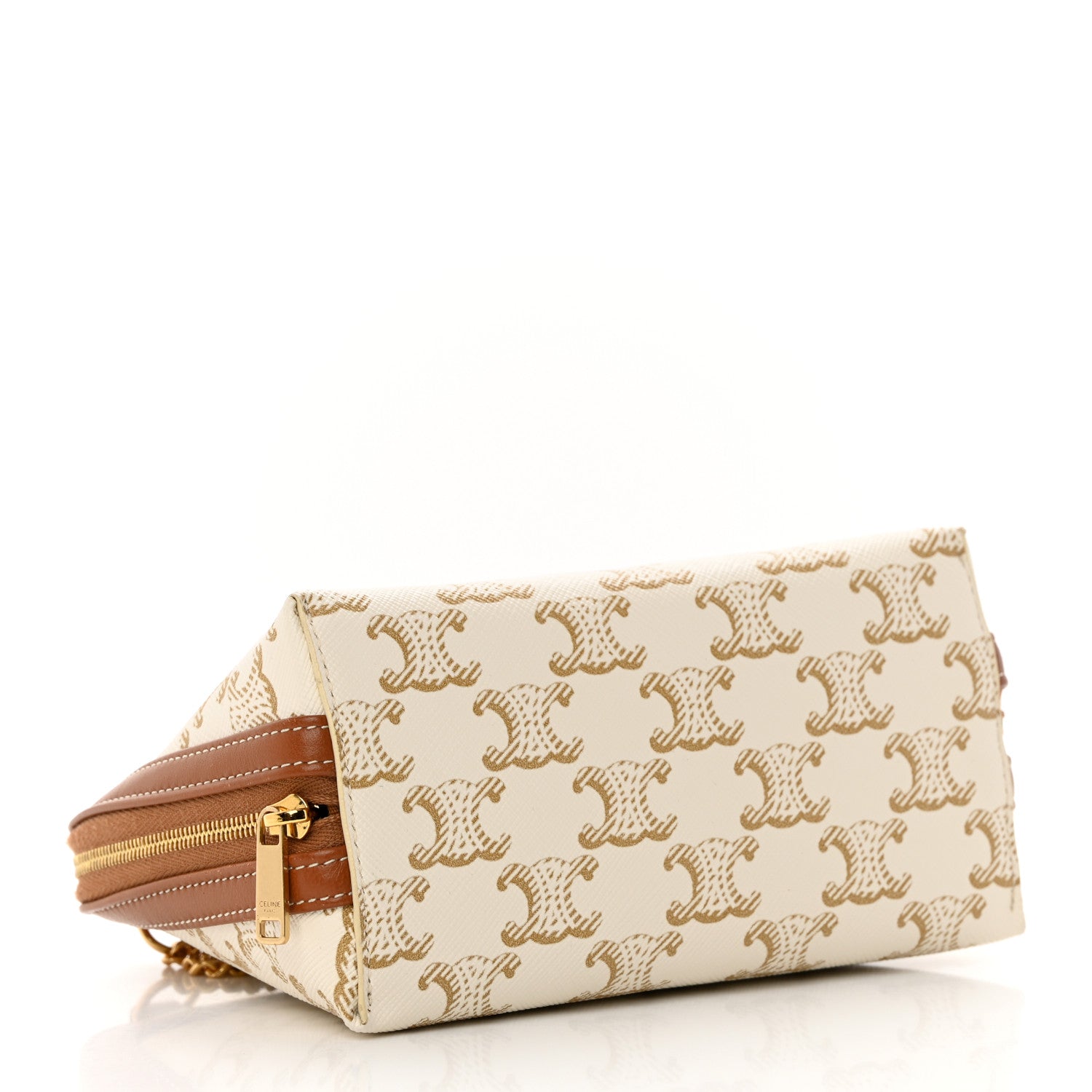 Celine Lambskin Triomphe Canvas Clutch With Chain White Tan 4 of 13
