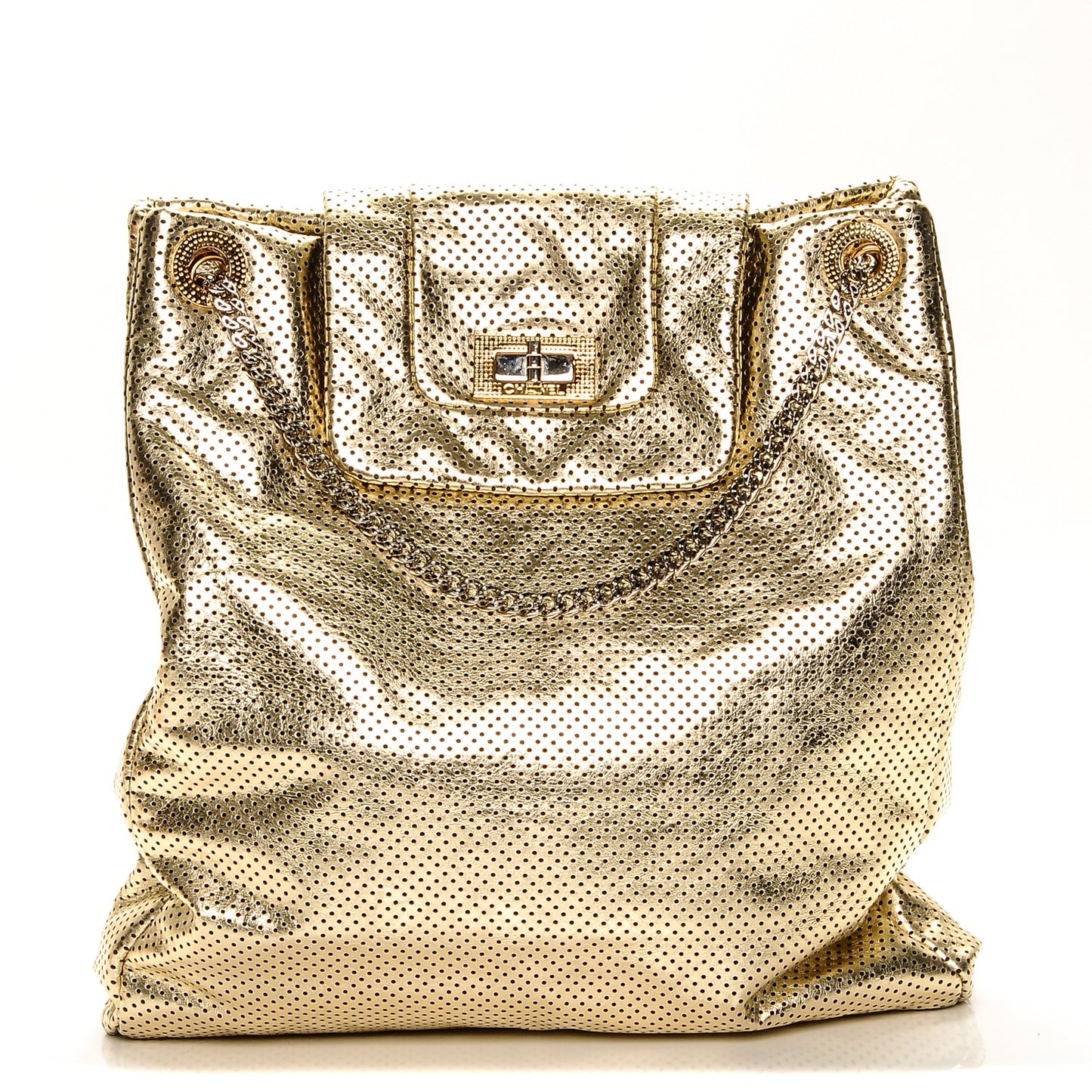 Metallic Crackled Calfskin Perforated Drill Shoulder Bag Gold
