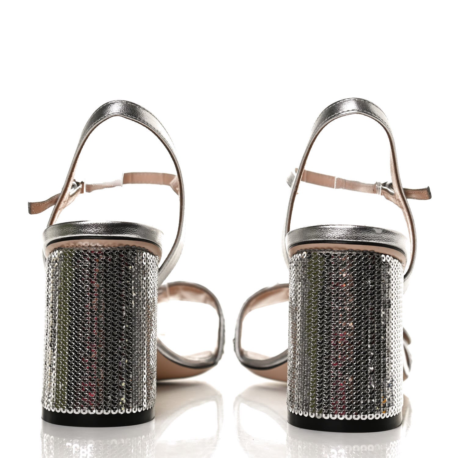 Gucci Sequin Satin Nappa GG Marmont Ankle Wrap 75mm Sandals 38.5 Silver Grigio Argento 6 of 10