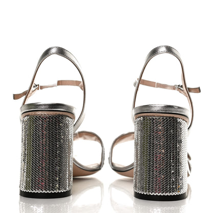 Gucci Sequin Satin Nappa GG Marmont Ankle Wrap 75mm Sandals 38.5 Silver Grigio Argento 6 of 10