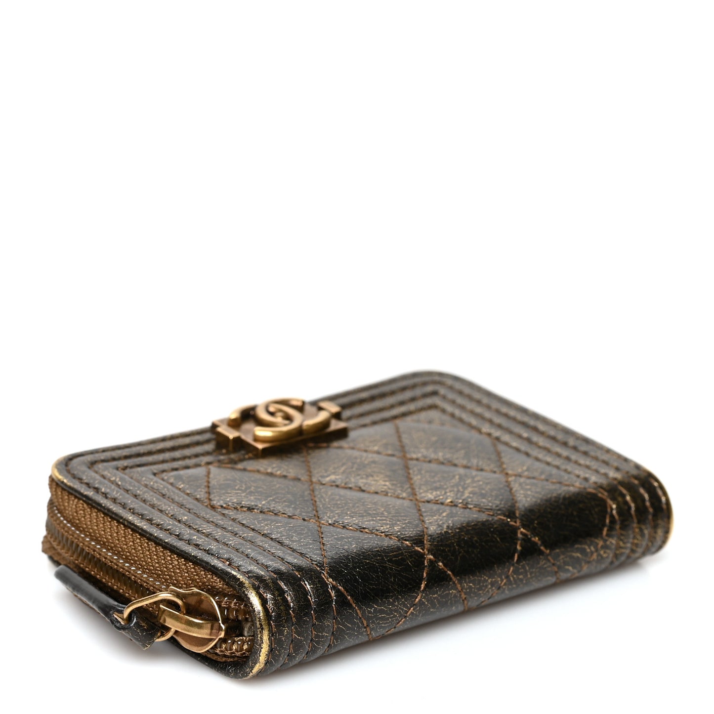 Cracked Metallic Calfskin Quilted Boy Zip Around Coin Purse Wallet Gold