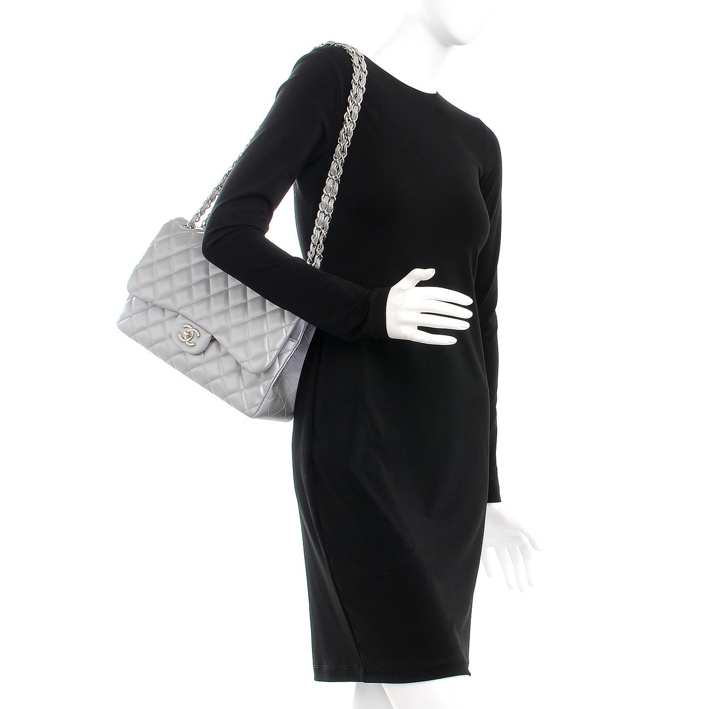 Metallic Lambskin Quilted Jumbo Double Flap Silver