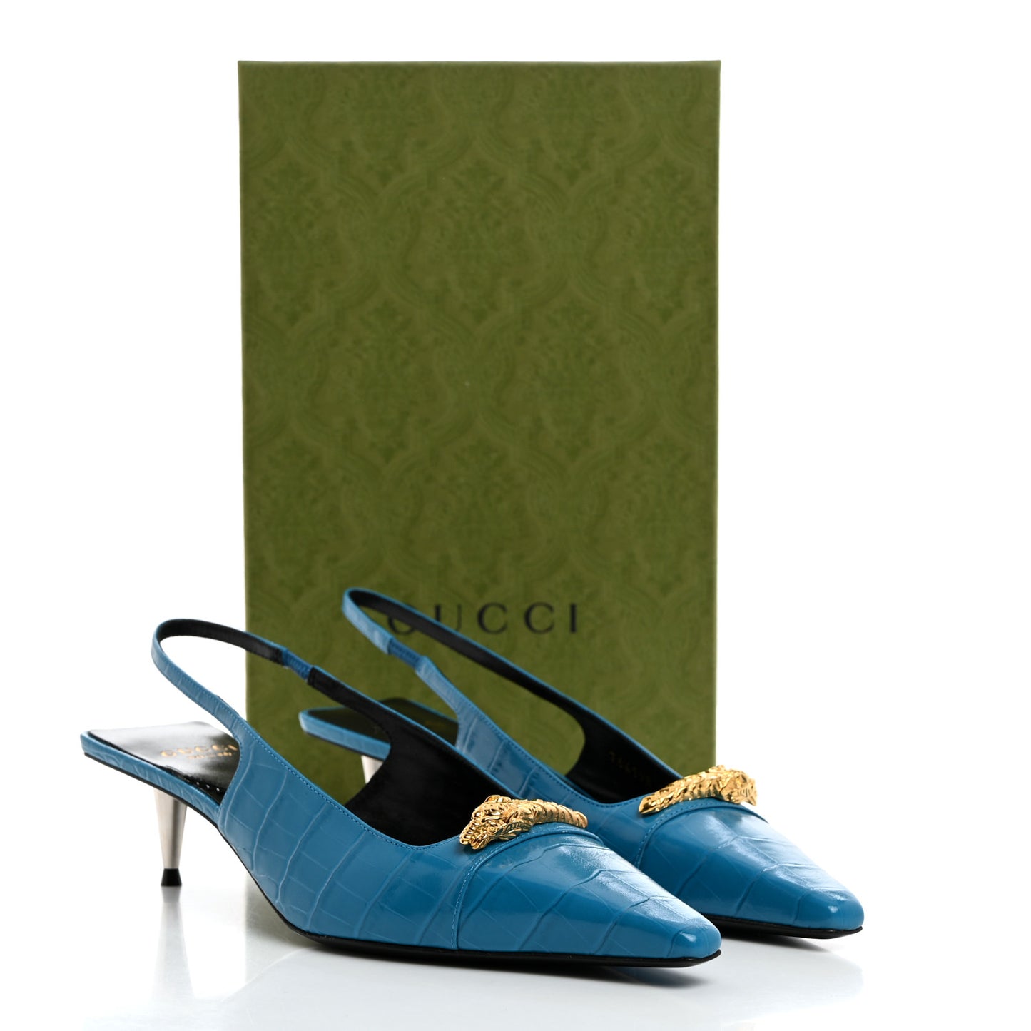 Calfskin Crocodile Print Square Slingback Pumps 38.5 Bright Sapphire