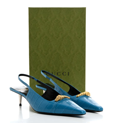 Gucci Calfskin Crocodile Print Square Slingback Pumps 38.5 Bright Sapphire 9 of 9