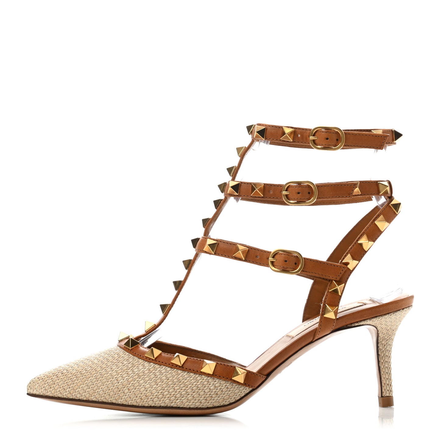 Raffia Calfskin Rockstud Ankle Strap 65mm Pumps 36.5 Natural Saddle Brown