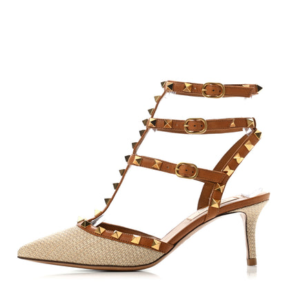 Valentino Garavani Raffia Calfskin Rockstud Ankle Strap 65mm Pumps 36.5 Natural Saddle Brown 1 of 8