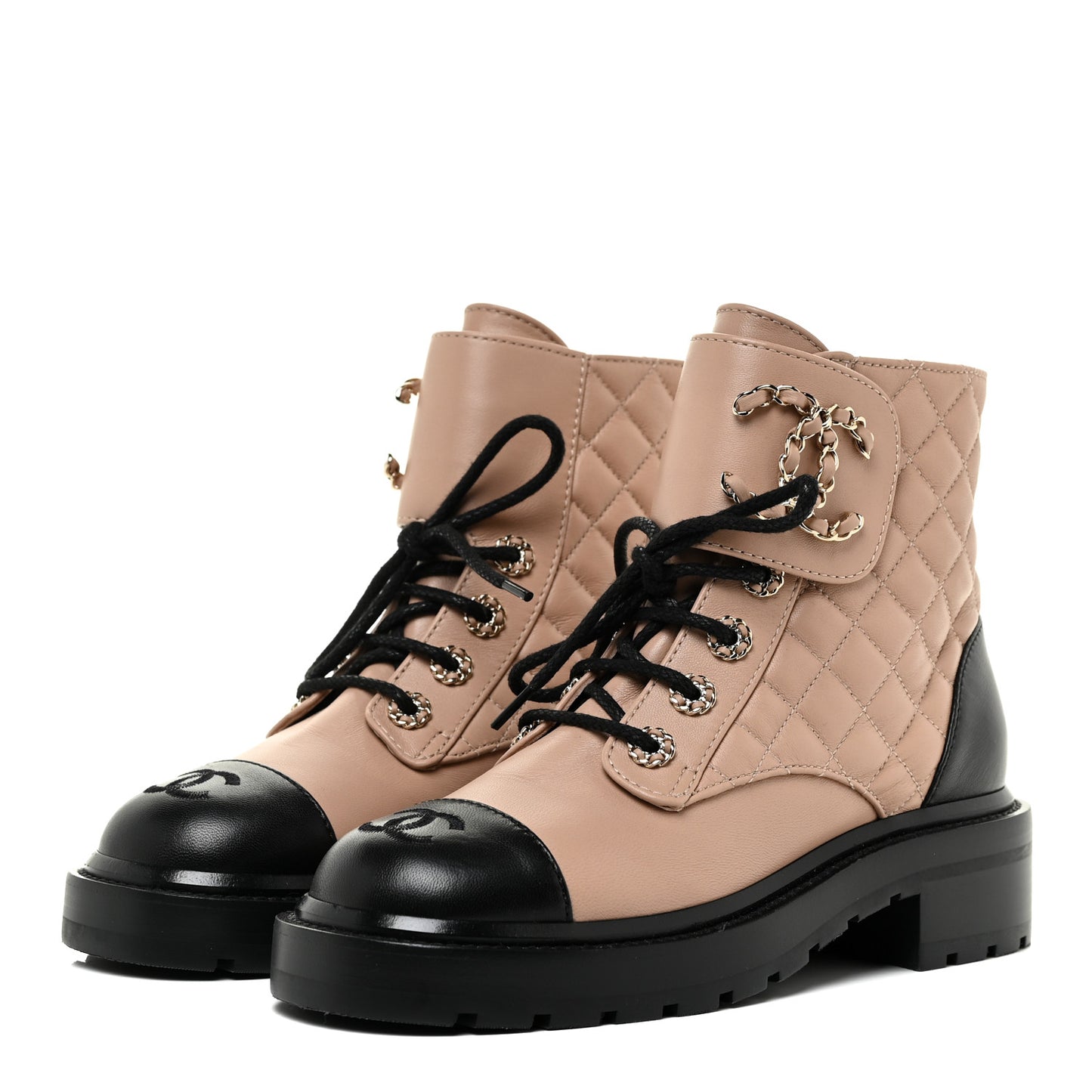 Lambskin Calfskin Quilted Lace Up Combat Boots 36 Beige Black