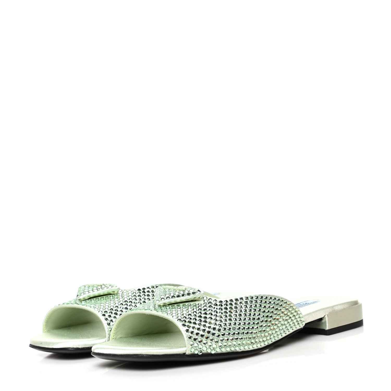 Prada Satin Crystal Logo 10mm Slide Sandals 37.5 Acqua 3 of 7