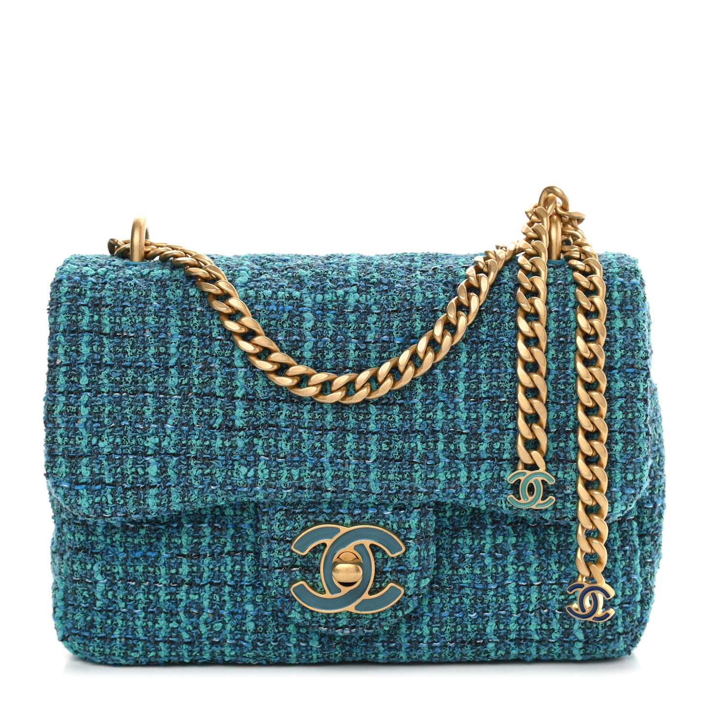 Tweed Enamel Quilted Pending CC Mini Square Flap Blue Green