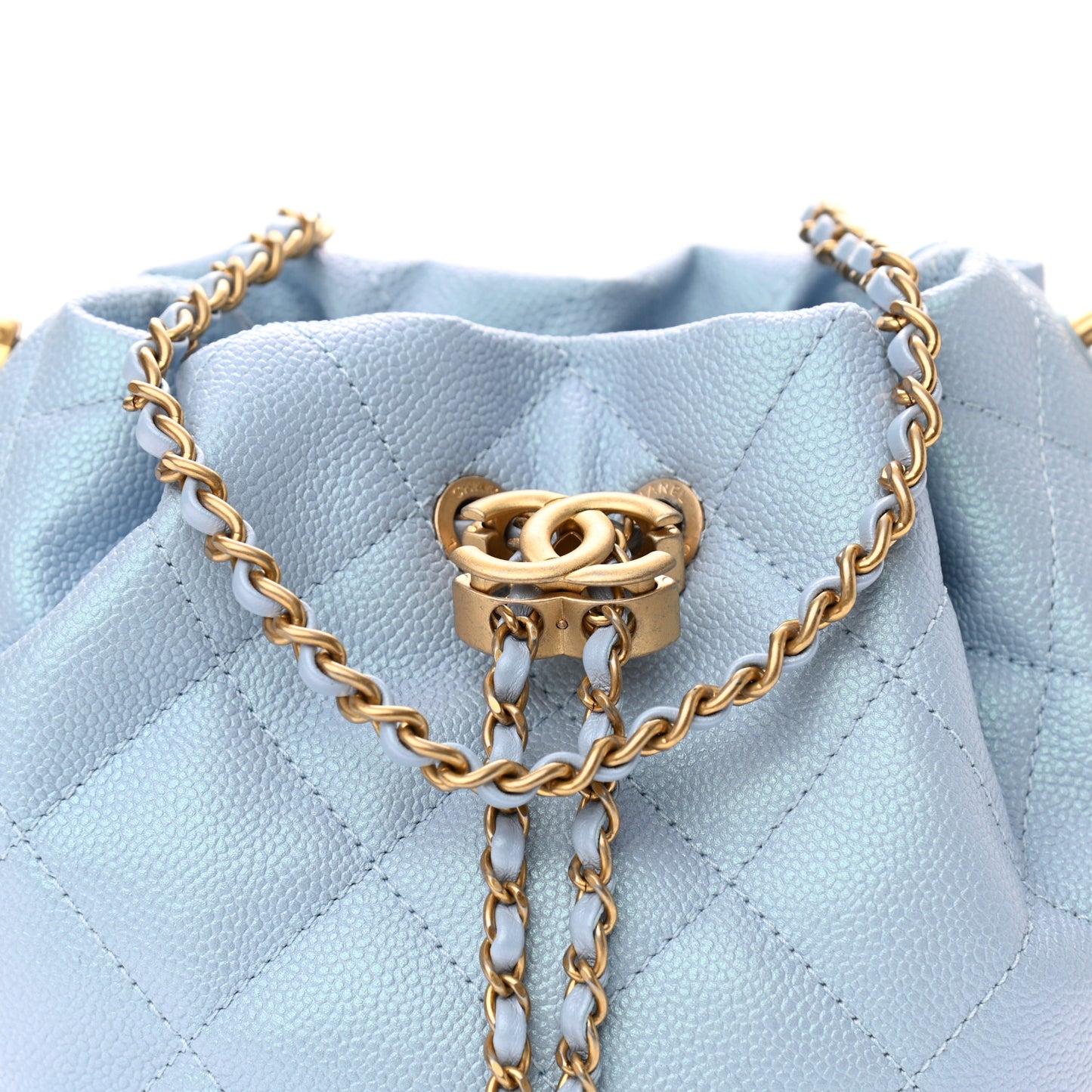 Iridescent Caviar Quilted My Perfect CC Bucket Drawstring Bag Light Blue