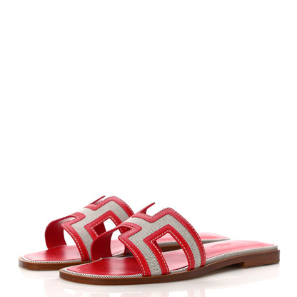 Hermes Canvas Calfskin Oran Sandals 37 Prunoir Rouge A Levre 3 of 9