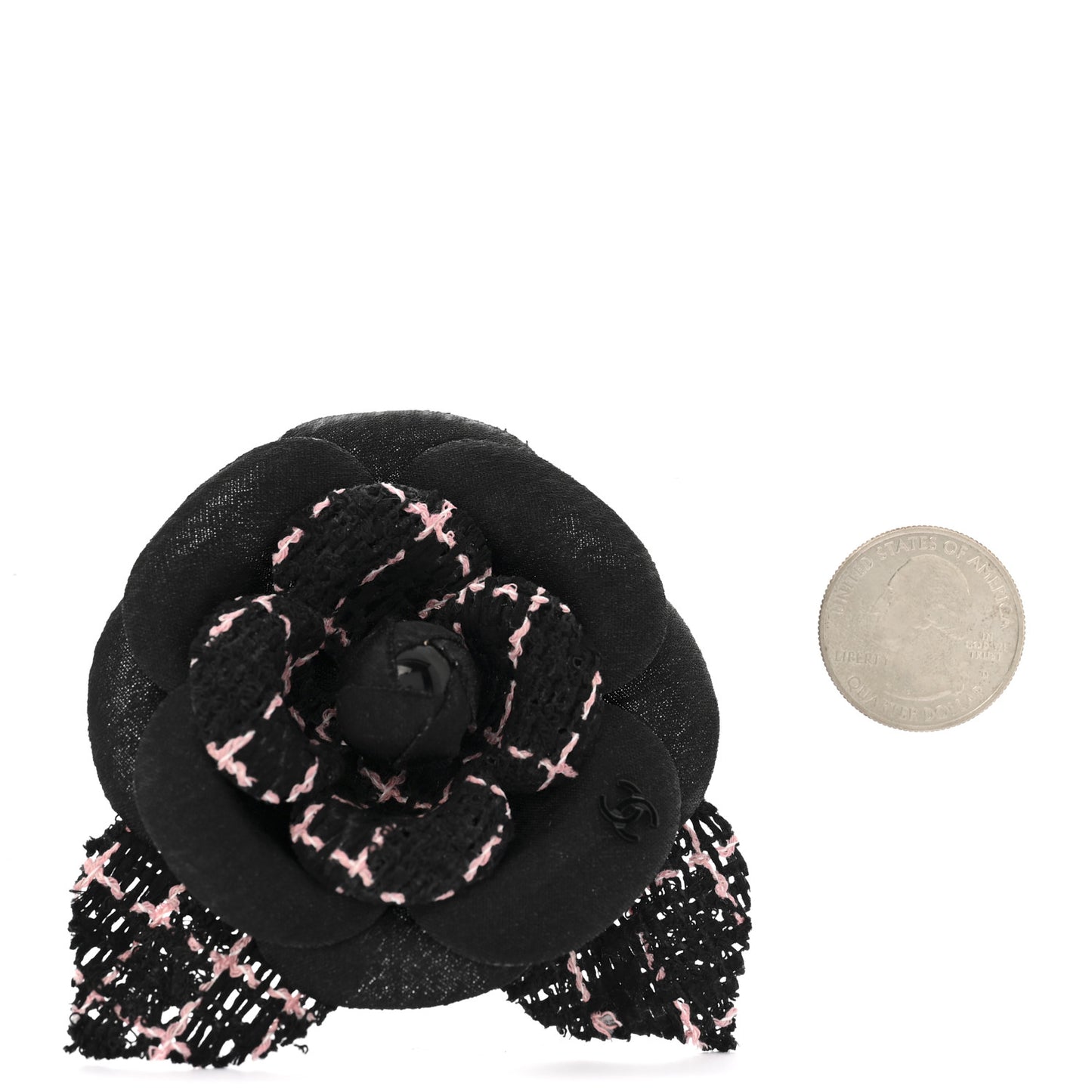 Tweed Camellia Pin Brooch Black Pink
