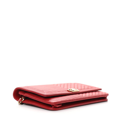 Chanel Calfskin Chevron Quilted Boy Wallet On Chain WOC Red 5 of 13