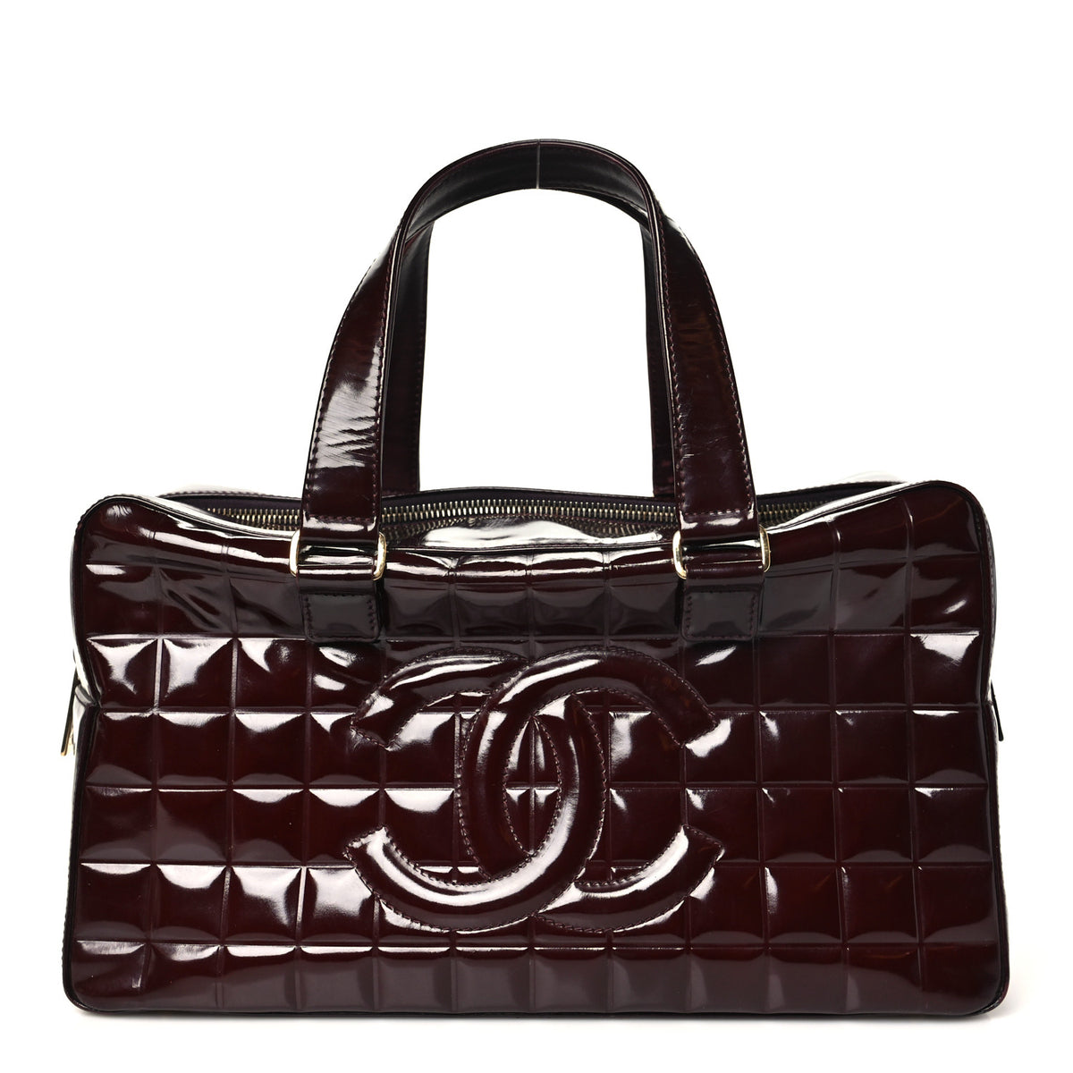 Chanel Patent Quilted Chocolate Bar Bowler Burgundy 1 of 13