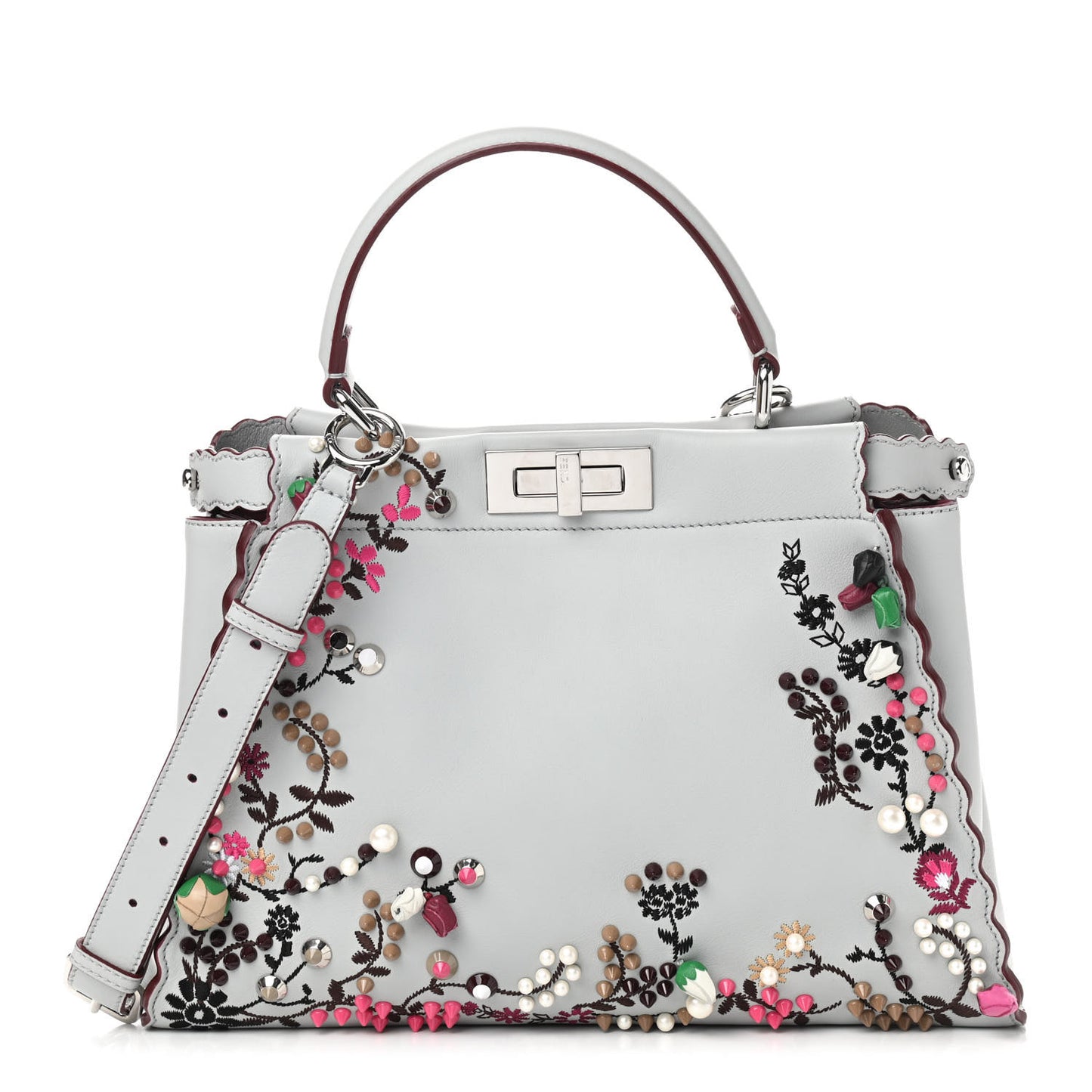 Vitello Seta Shiny Nappa Pearl Scalloped Studded Floral Embroidered Medium Peekaboo Iconic Satchel Grigio Perla Multicolor