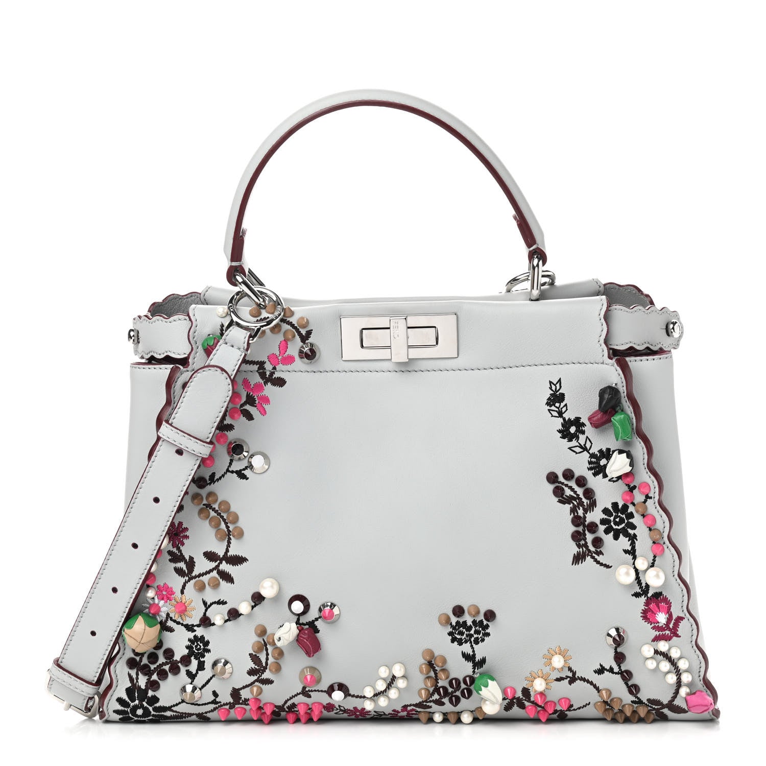 Fendi Vitello Seta Shiny Nappa Pearl Scalloped Studded Floral Embroidered Medium Peekaboo Iconic Satchel Grigio Perla Multicolor 1 of 11