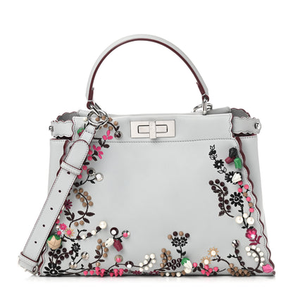 Fendi Vitello Seta Shiny Nappa Pearl Scalloped Studded Floral Embroidered Medium Peekaboo Iconic Satchel Grigio Perla Multicolor 1 of 11