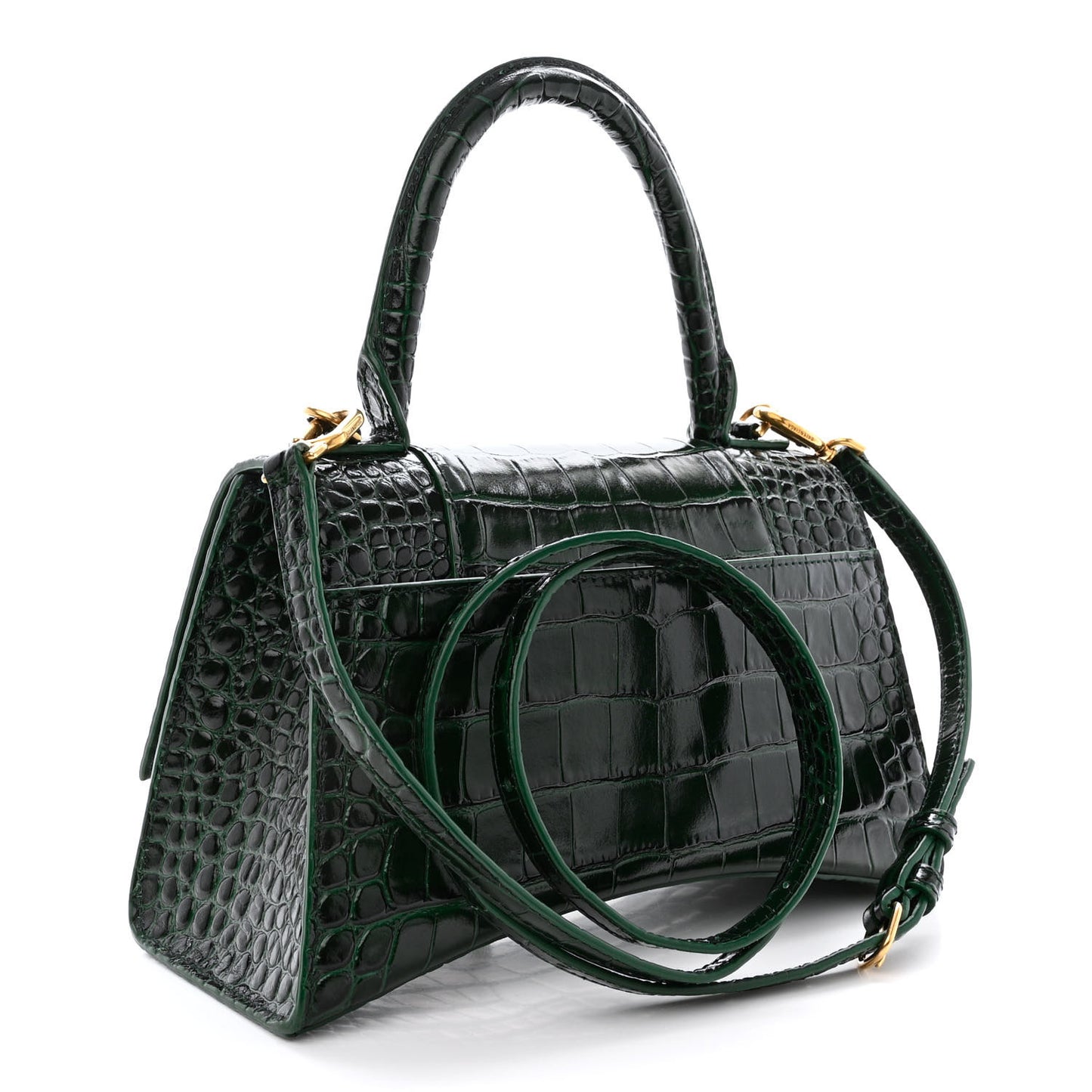 Shiny Calfskin Crocodile Embossed Small Hourglass Top Handle Bag Forest Green