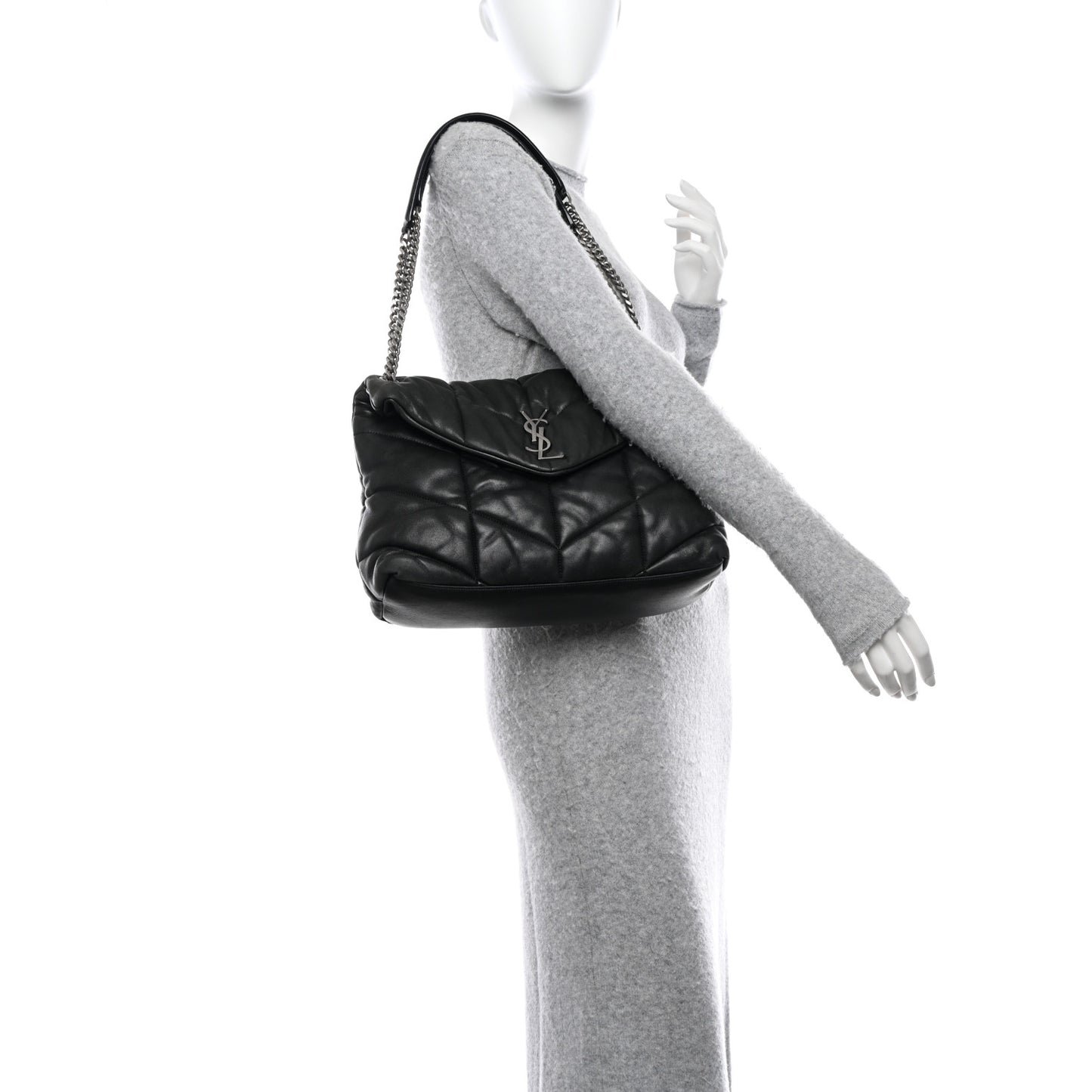 SAINT LAURENT Lambskin Quilted Medium Loulou Puffer Monogram Chain Satchel Black