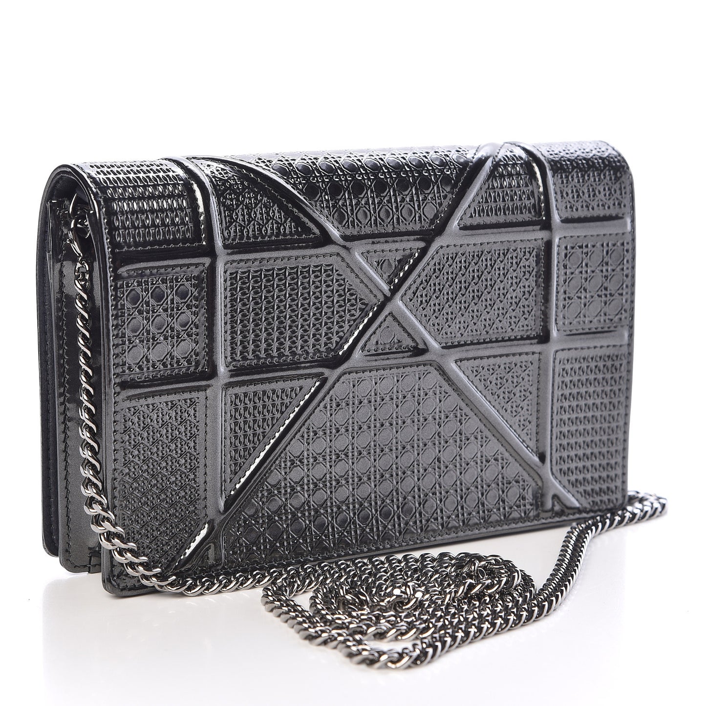 Metallic Patent Micro-Cannage Diorama Wallet on Chain Pouch Onyx Black