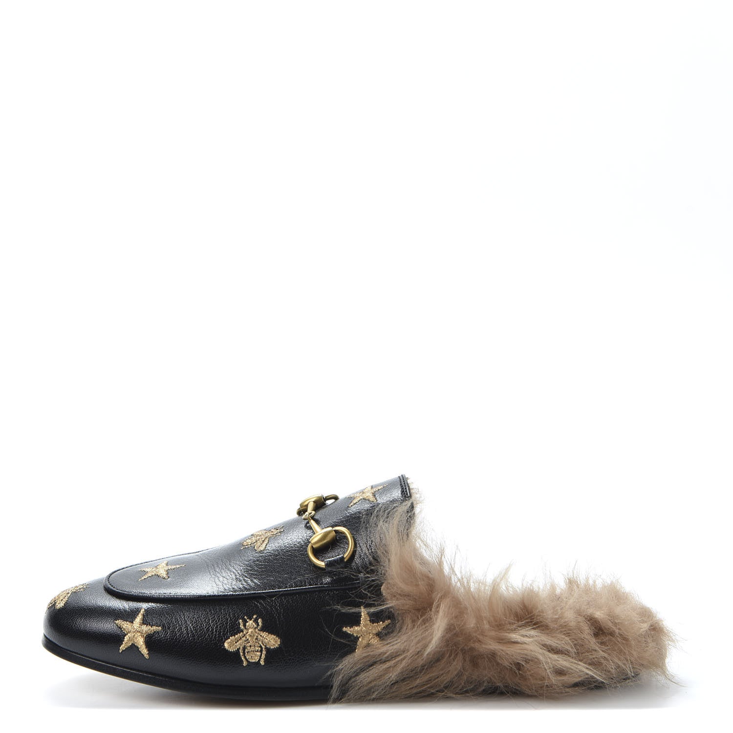 Gucci Goatskin Fur Bee Star Embroidered Womens Princetown Slippers 36.5 Black 1 of 9