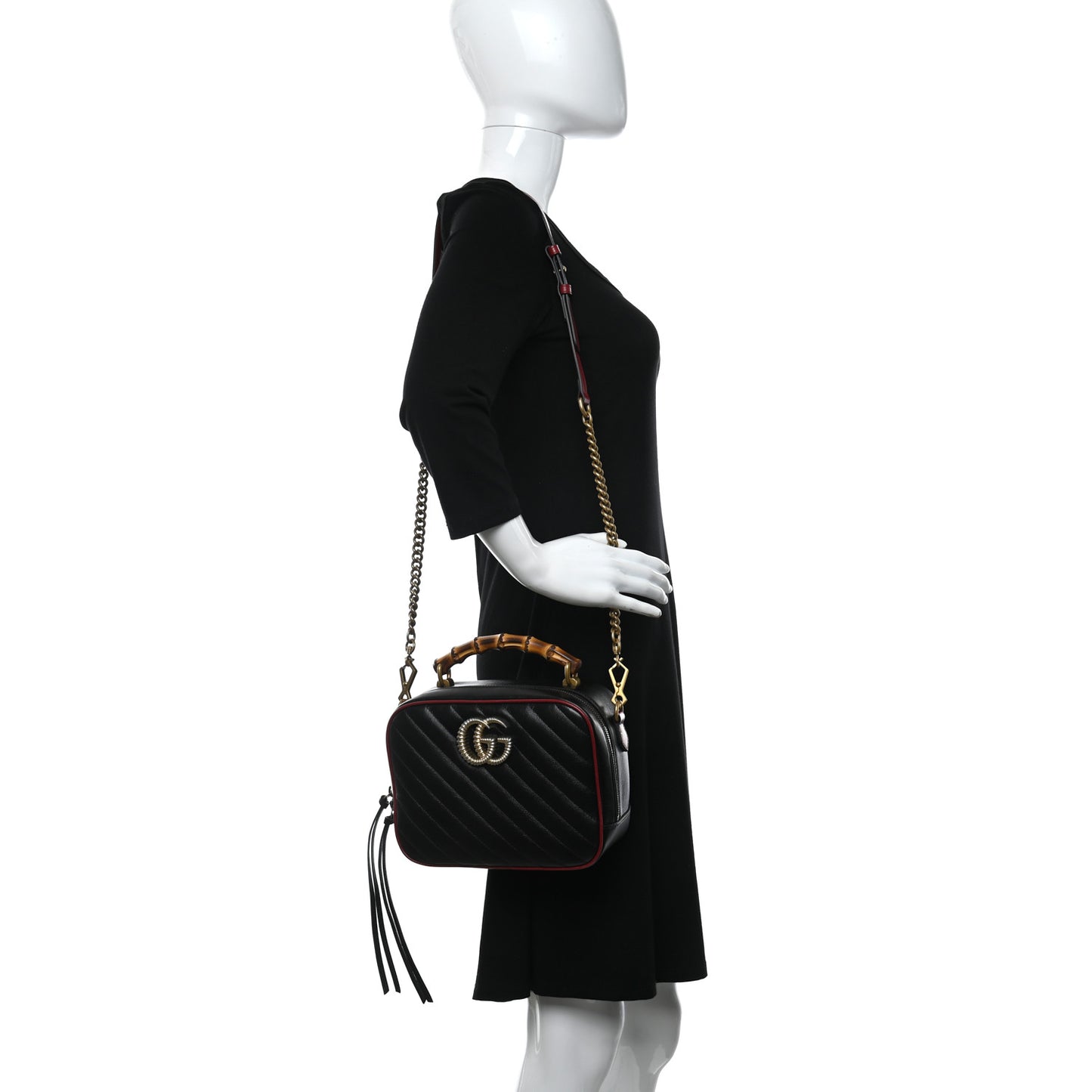Vintage Effect Calfskin Matelasse Diagonal Small Torchon GG Marmont Bamboo Top Handle Shoulder Bag Black Romantic Cherry