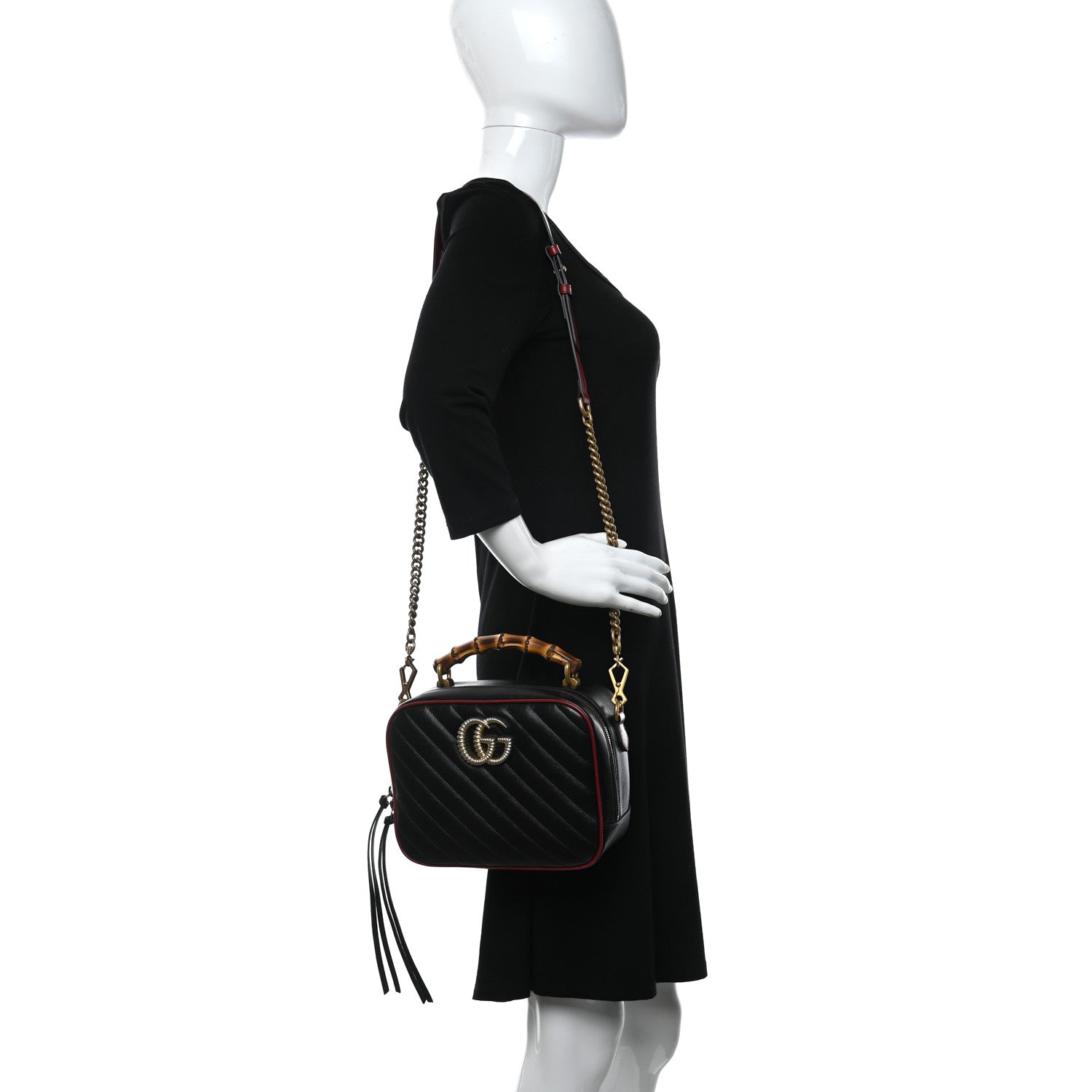 Gucci Vintage Effect Calfskin Matelasse Diagonal Small Torchon GG Marmont Bamboo Top Handle Shoulder Bag Black Romantic Cherry 2 of 9