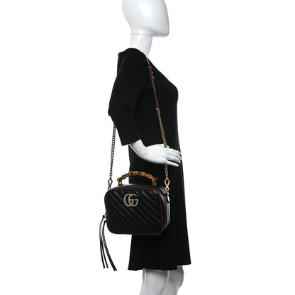 Gucci Vintage Effect Calfskin Matelasse Diagonal Small Torchon GG Marmont Bamboo Top Handle Shoulder Bag Black Romantic Cherry 2 of 9