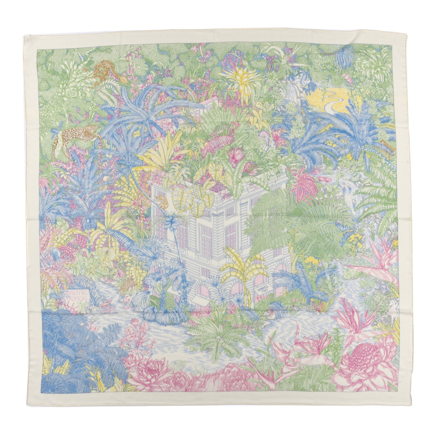 Hermes Cashmere Silk Faubourg Tropical Shawl 140 White Vert Bleu 1 of 5