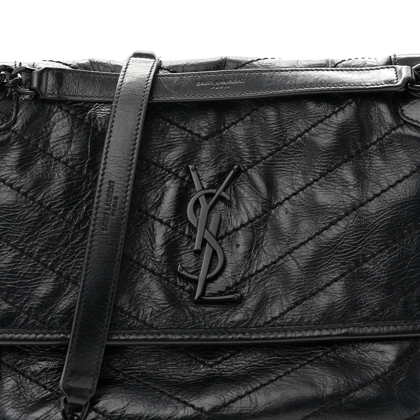 Crinkled Calfskin Matelasse Monogram Medium Niki Chain Satchel Black