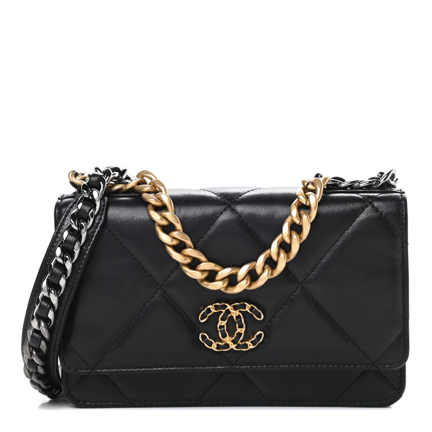 Shiny Goatskin Quilted Chanel 19 Wallet On Chain WOC Black