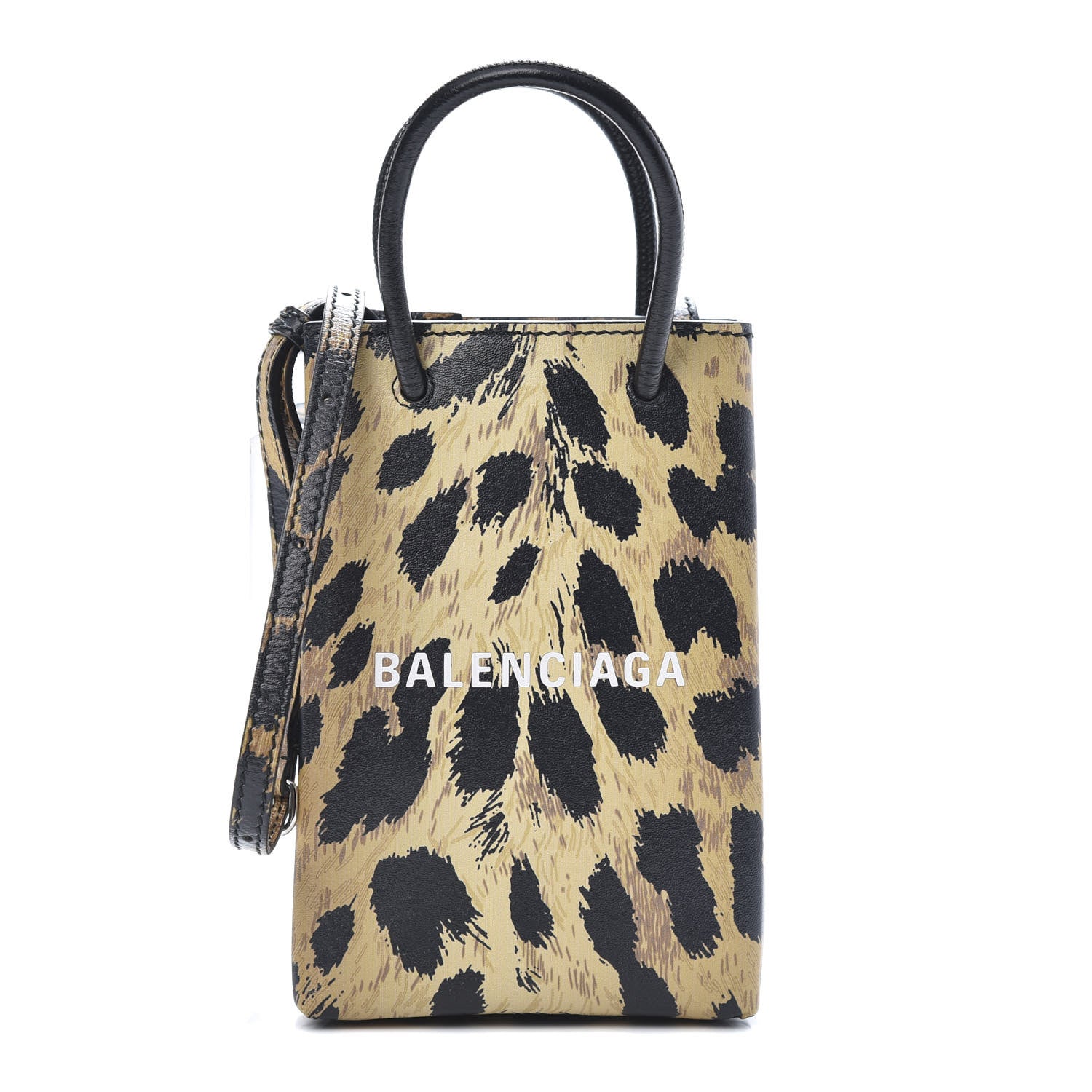 Balenciaga Smooth Calfskin Leopard Print Logo Shopping Phone Holder Bag Beige Black 1 of 10