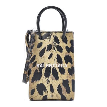 Balenciaga Smooth Calfskin Leopard Print Logo Shopping Phone Holder Bag Beige Black 1 of 10