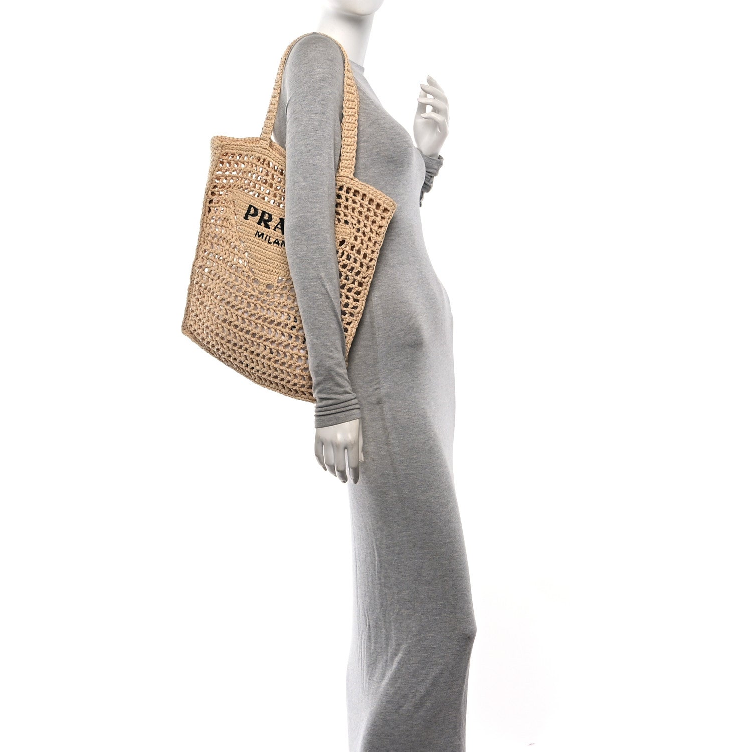Prada Yarn Raffia Effect Crochet Logo Embroidered Tote Bag Naturale 2 of 9