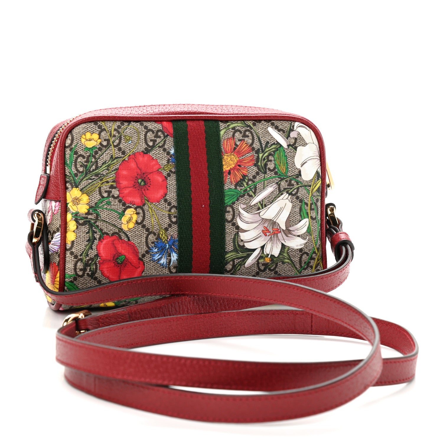 Gucci GG Supreme Monogram Flora Web Mini Ophidia Shoulder Bag Red 3 of 9