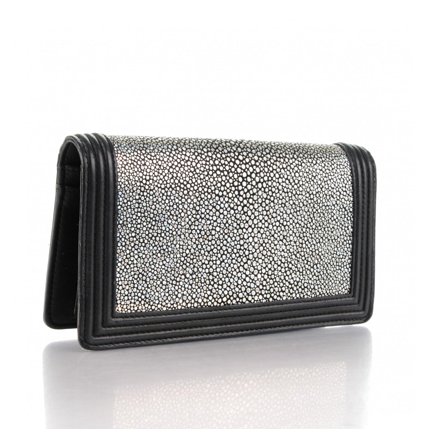 Metallic Galuchat Stingray Lambskin Yen Wallet Silver Black