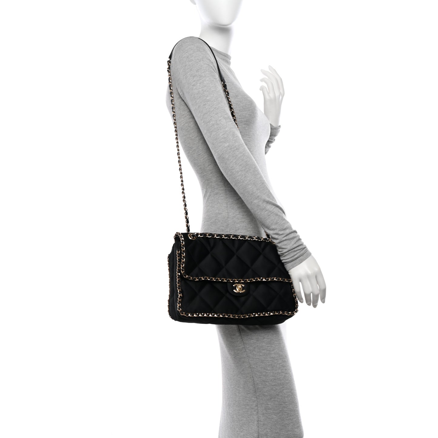 Satin Quilted Large Chain All Over Flap Bag Black Black
