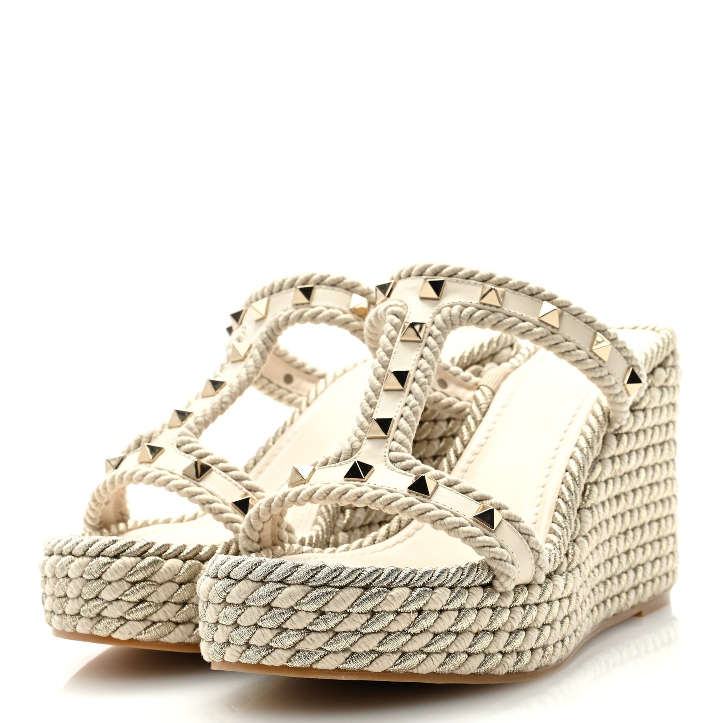 Calfskin Rockstud Torchon Espadrille 25/95mm Wedge Sandals 38 Light Ivory
