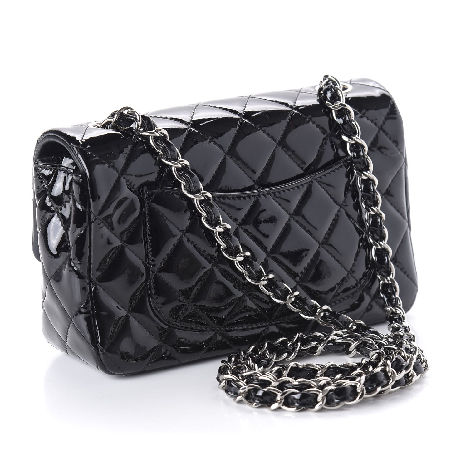Patent Calfskin Quilted Mini Rectangular Flap Black