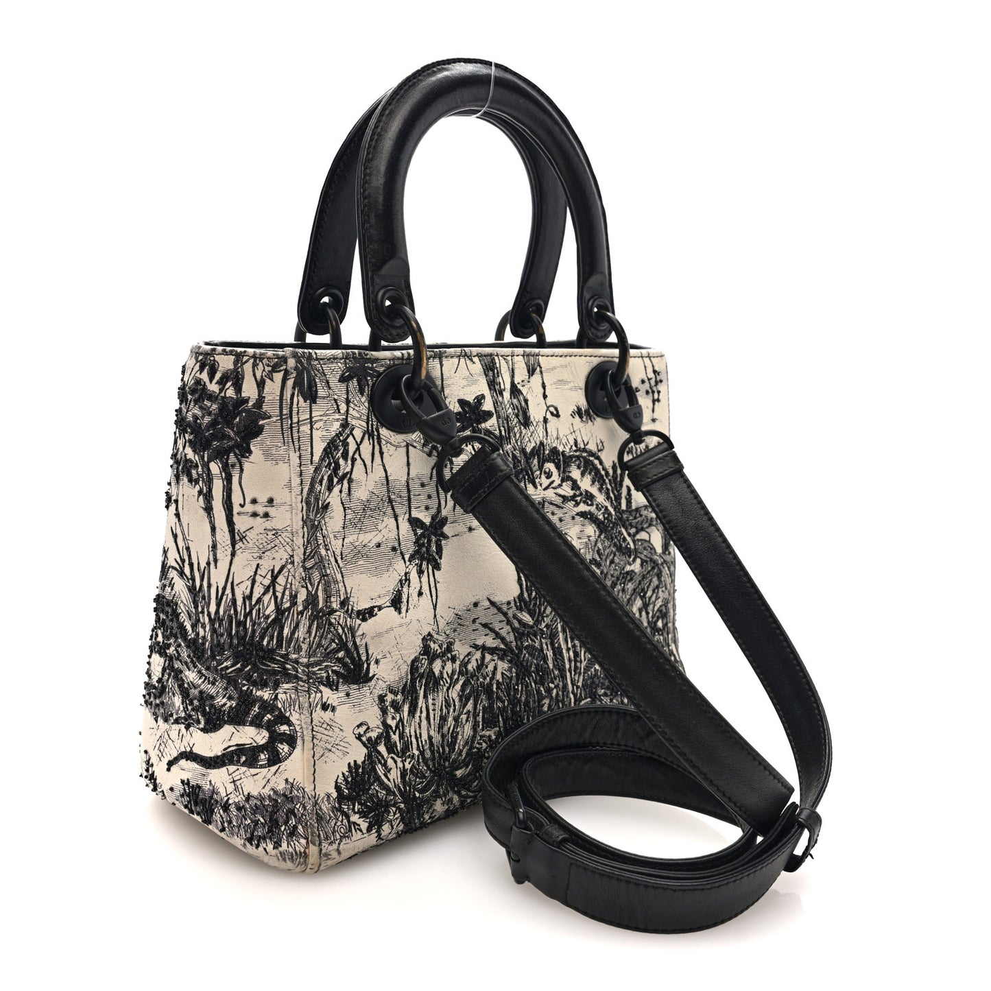 Calfskin Toile de Jouy Carnivora Medium Lady Dior White Black