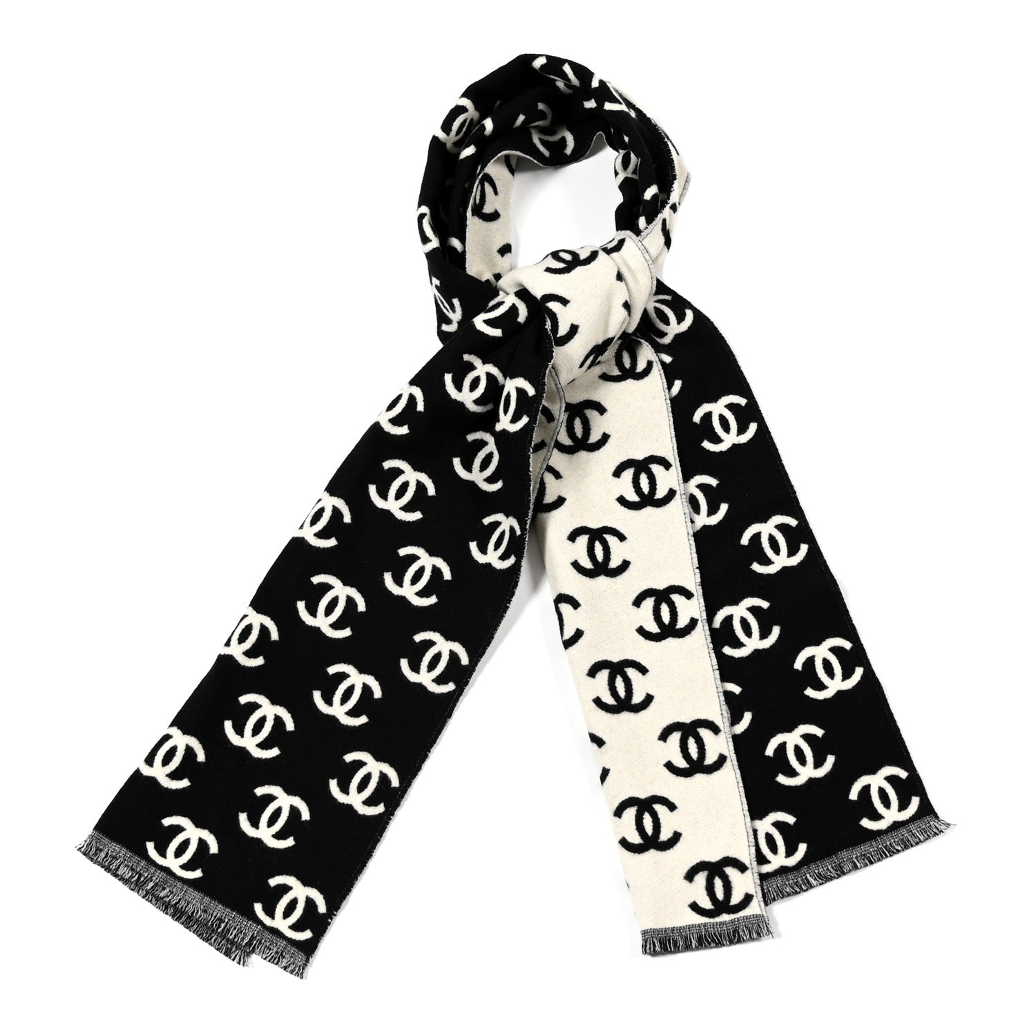 Chanel Wool Cashmere CC Scarf Black White 1 of 3