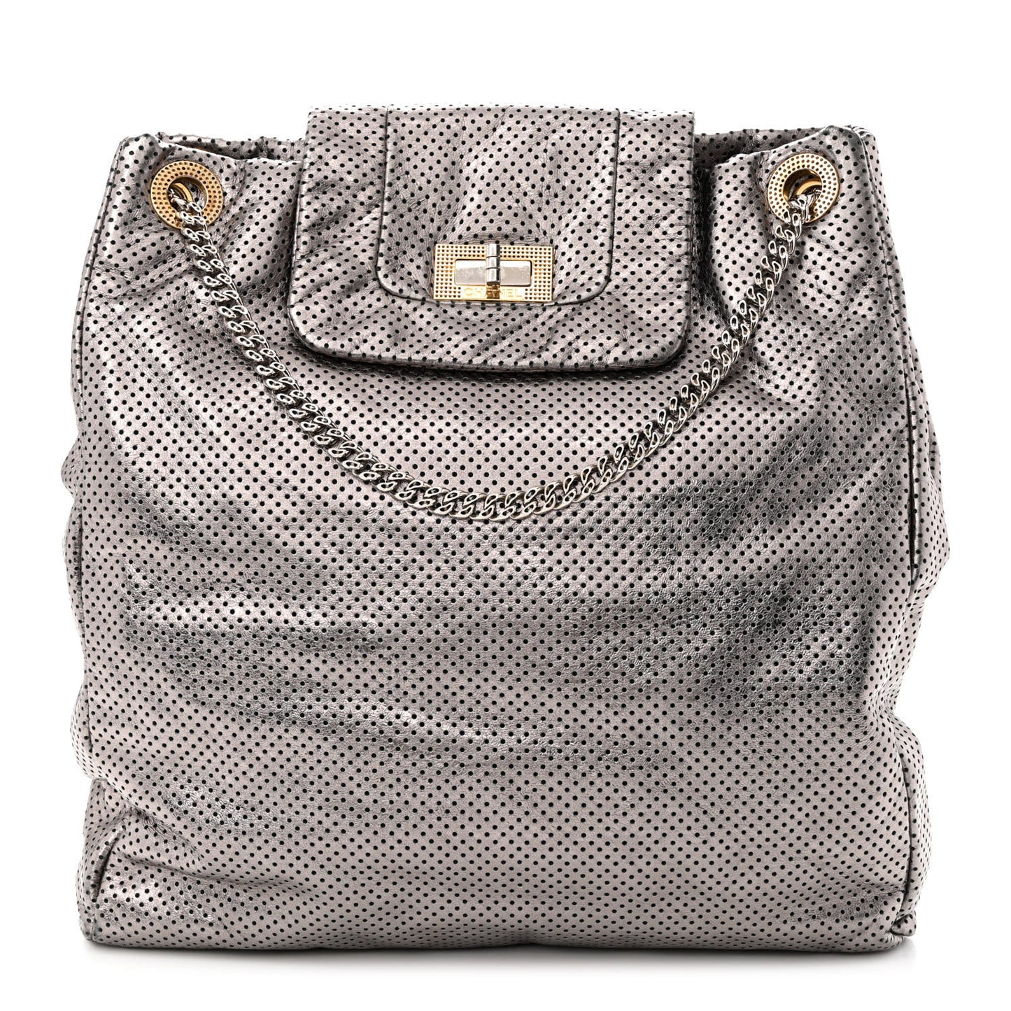 Metallic Crackled Calfskin Perforated Drill Shoulder Bag Silver