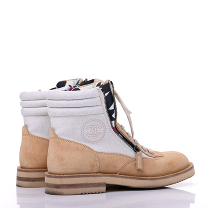 Chanel Toile Suede Calfskin CC Lace Up Short Boots 38.5 Light Beige 4 of 17