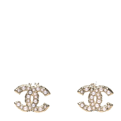 Chanel Metal Graduated Pearl Crystal CC Earrings Light Gold 1 of 4