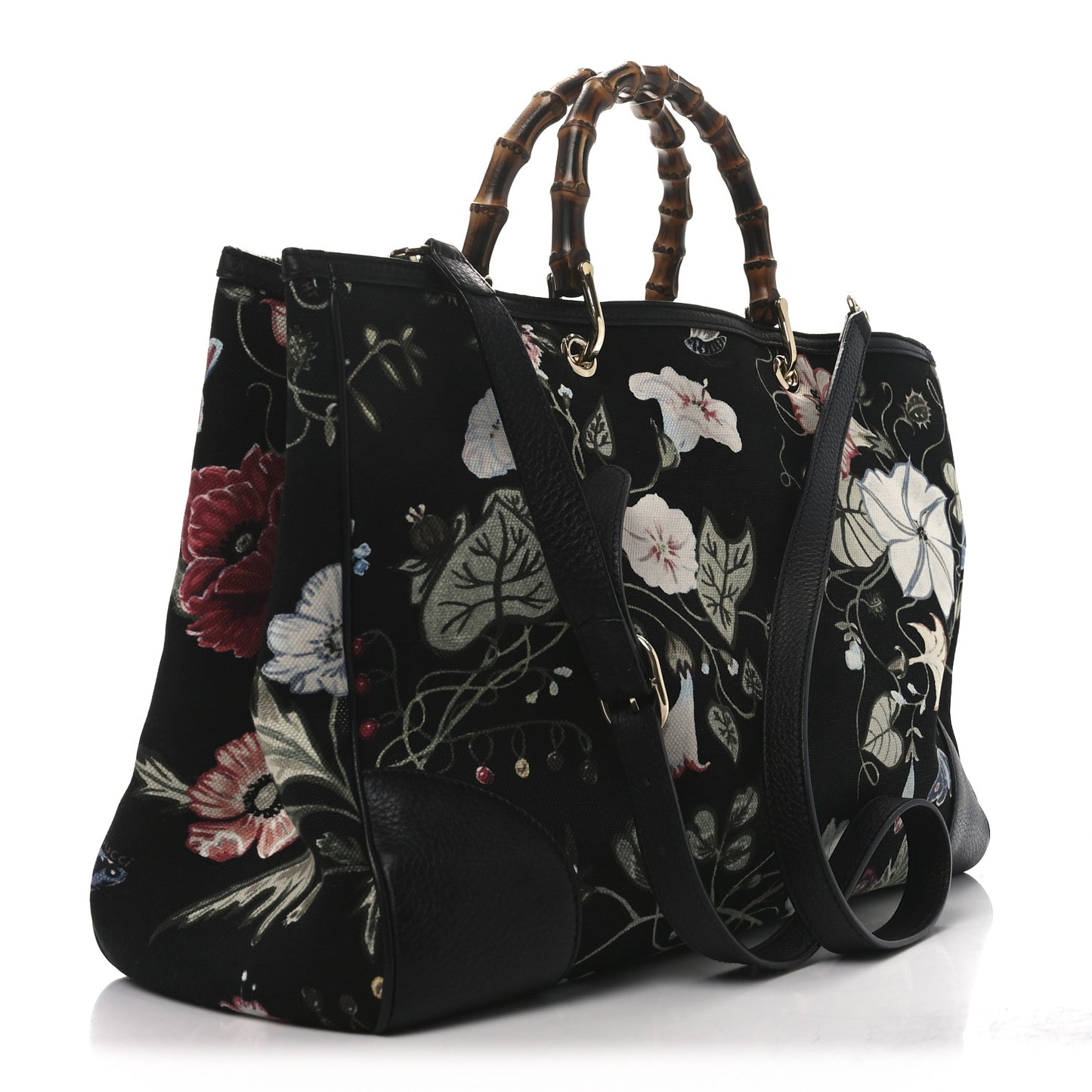 Canvas Cellarius Calfskin Flora Knight Large Bamboo Shopper Tote Black
