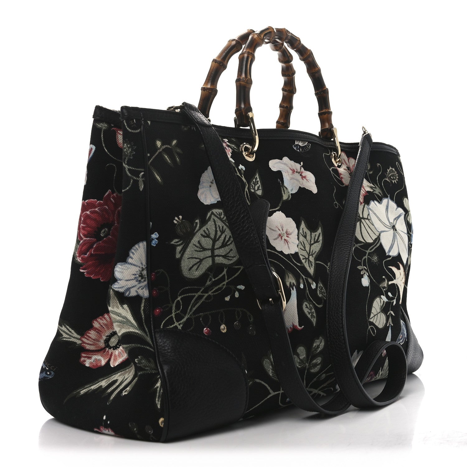 Gucci Canvas Cellarius Calfskin Flora Knight Large Bamboo Shopper Tote Black 3 of 11