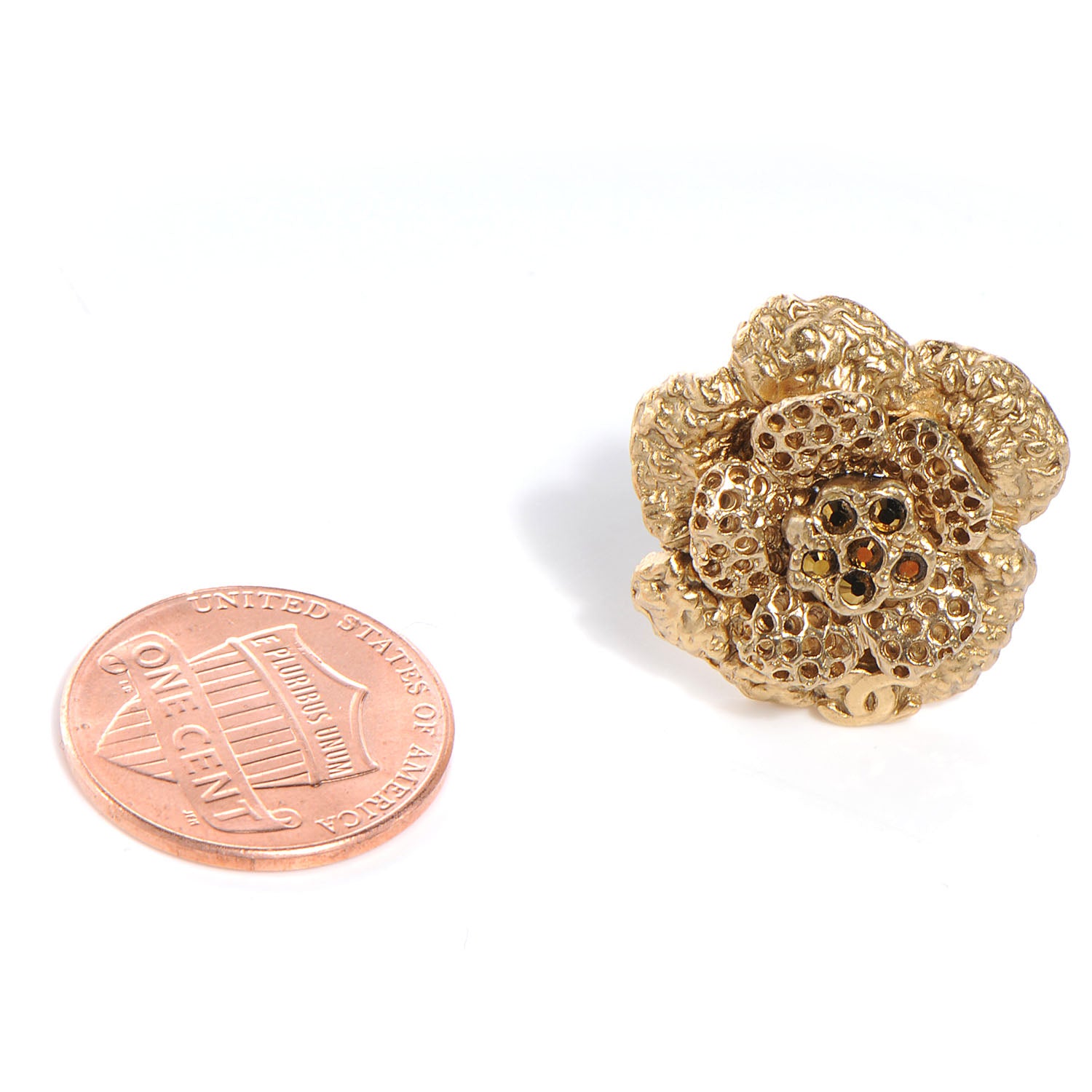 Chanel Camellia Crystal Clip On Earrings Gold 2 of 5
