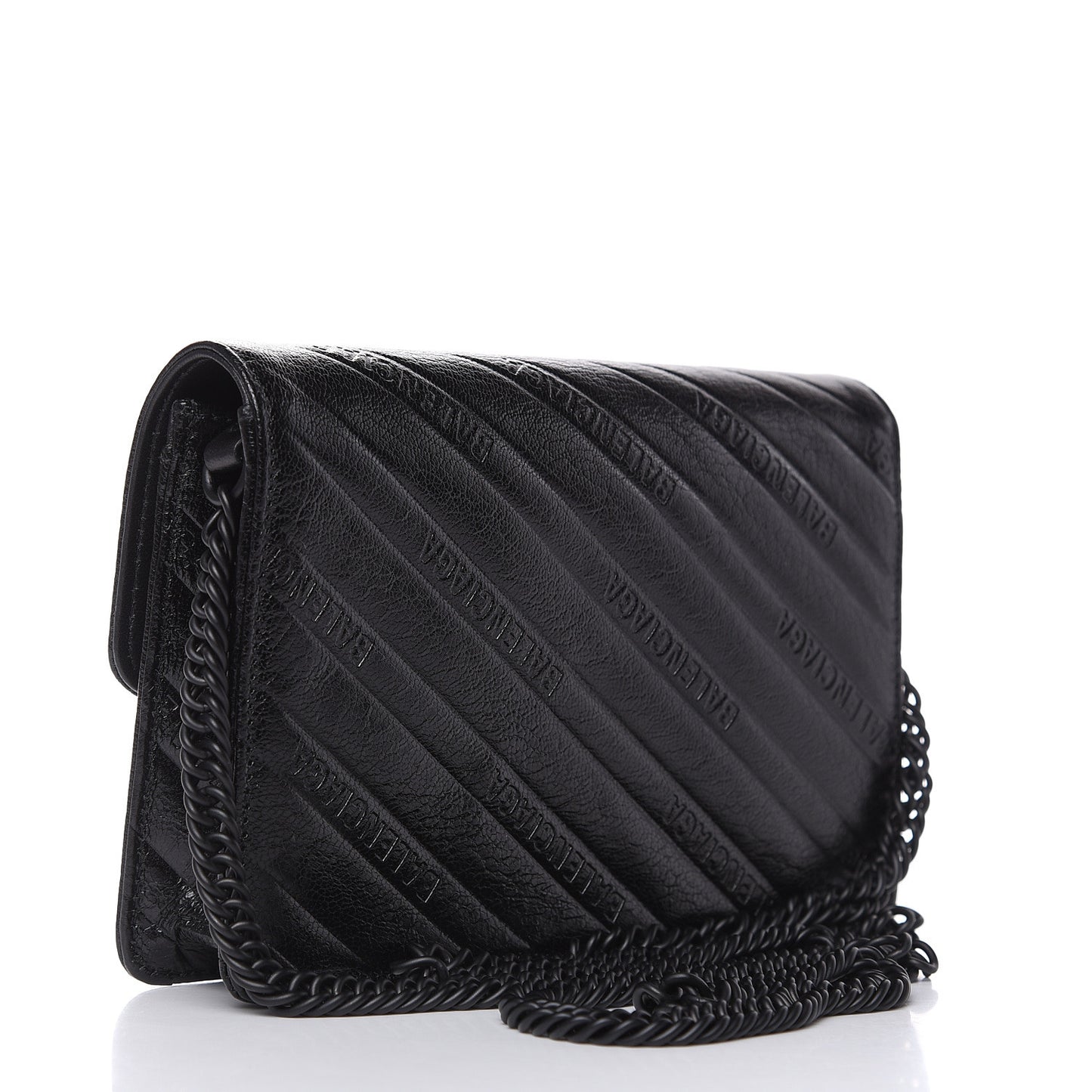 Shiny Goatskin Logo Embossed Monochrome BB Wallet On Chain Black