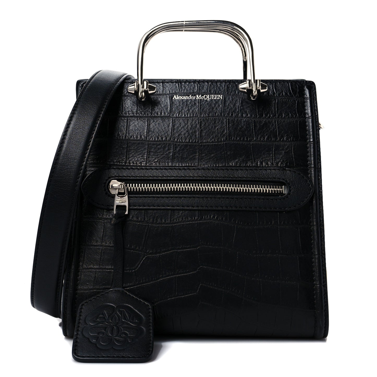 Crocodile Embossed Calfskin The Short Story Shoulder Bag Black