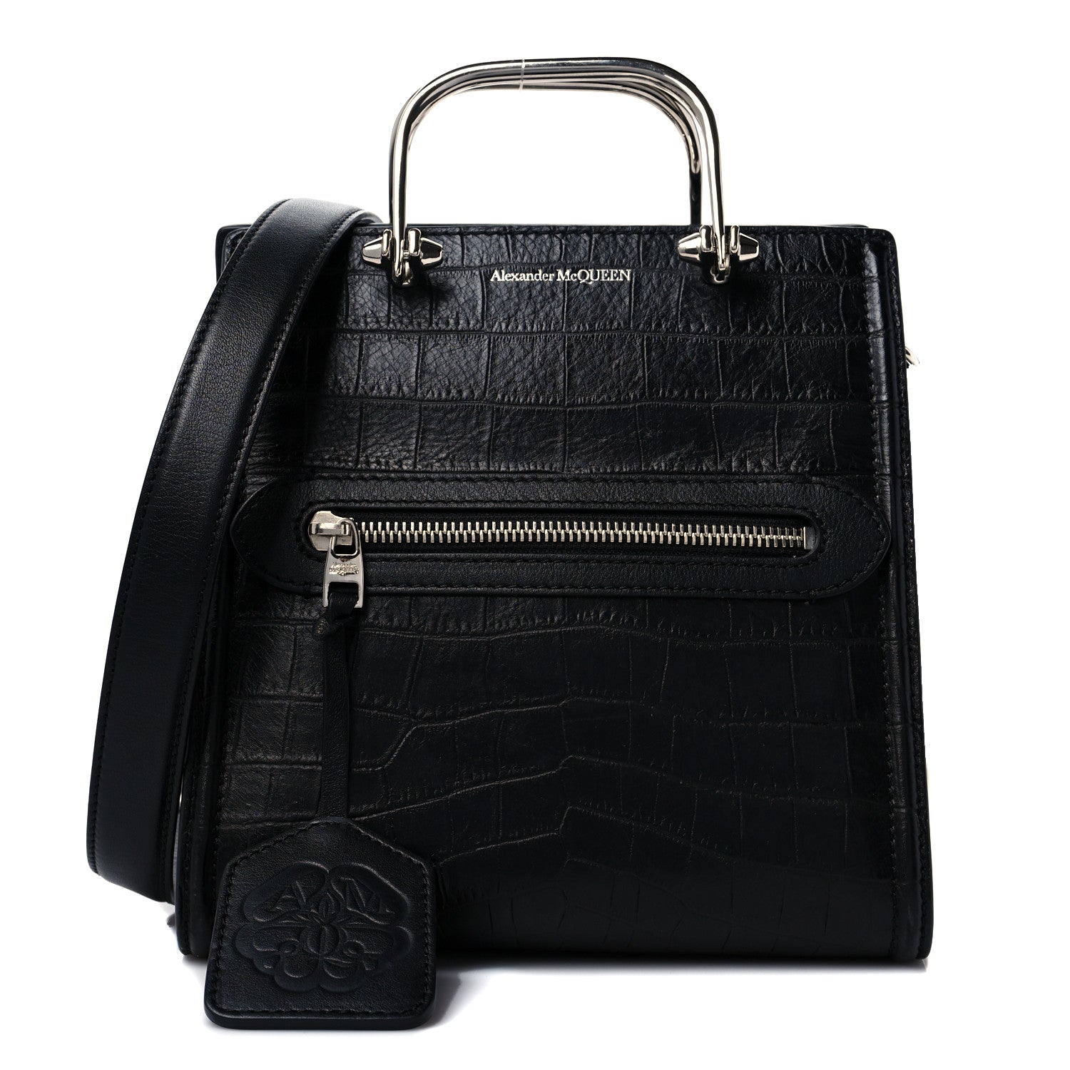Alexander McQueen Crocodile Embossed Calfskin The Short Story Shoulder Bag Black 1 of 9